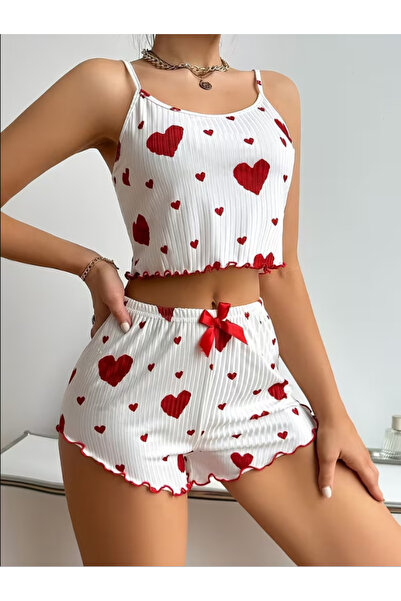 Bleu Petite Heart Patterned Combed Cotton Women's Shorts Pajama Set