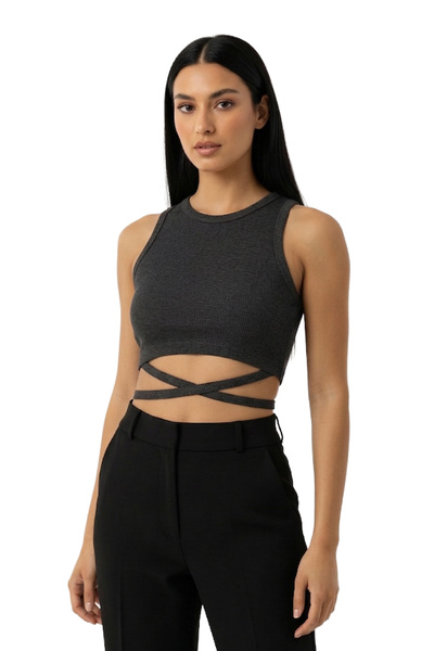 NERTH STYLE Crossed String Detailed Athlete Combed Cotton Blouse T-Shirt