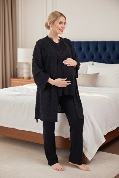 Lohusa Dünyasi Kadın Ponpon Kumaş Dantelli 3'Lü Lohusa Sabahlıklı Hamile Pija...