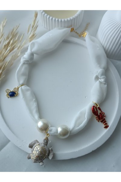 La fee aksesuar Bandana Scarf Necklace White Fabric Turtle Navy Blue Crab Red Moving Shrimp Pearl