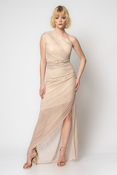 RENGIN Komple piliseli beli bantlı janjan tül abiye elbise