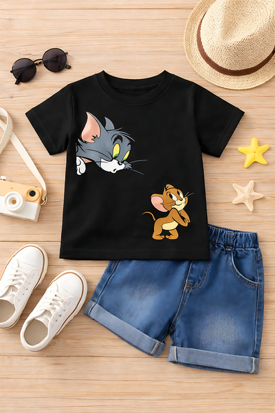 ArtYus Cat Mouse Printed Kids T-Shirt – Cotton Crew Neck Relaxed Fit Casual T...