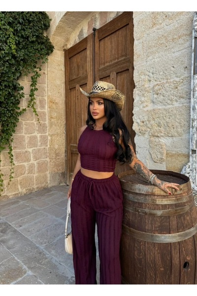 EVOA Γυναικείο Σετ Gagari με Βορντό Κροπ Τοπ με Λαιμόκοψη Halter και Παντελόν...