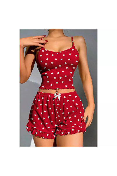 Bleu Petite Red Heart Patterned Combed Cotton Women's Shorts Pajama Set