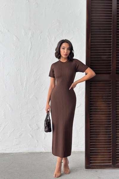 URİS Γυναικείο πολύχρωμο καφέ ριμπ κοντομάνικο καλοκαιρινό υφασμάτινο μακρύ π...