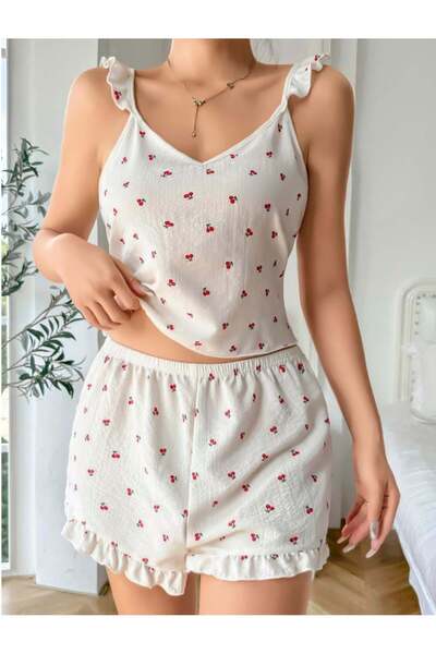 Bleu Petite Patterned Combed Cotton Women's Shorts Pajama Set