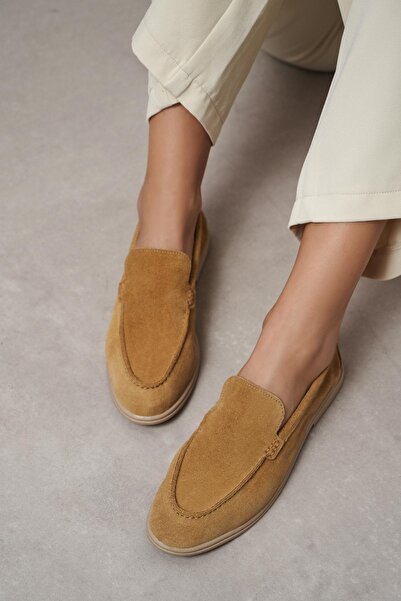 NİŞANTAŞI SHOES Nada Açık Taba Hakiki Süet Düz Taban Kadın Loafer