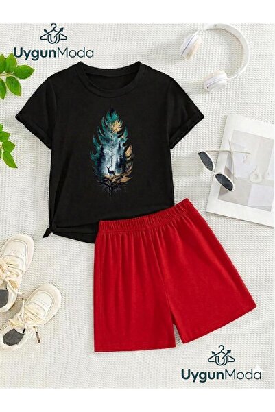 UygunModa Canvas Feather Printed T-Shirt Shorts Summer Children's Set