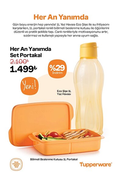 Tupperware Heran yanımda set portakal eco şişe 1L,bölmeli beslenme kutusu 1L