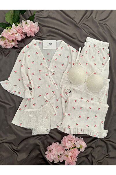 Lena Homewears Дамски пижамен комплект с къс ръкав, с десени, набръчкан, с бельо