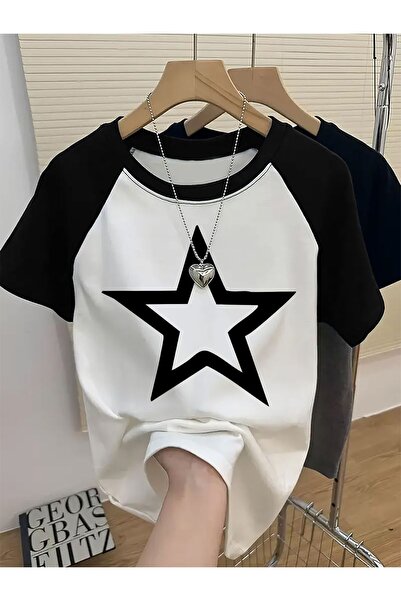 Massgai Unisex Star Printed Oversize 100% Cotton Raglan Sleeve T-Shirt
