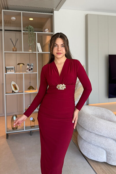 Aventien Κομψό μπορντό μακρύ φόρεμα με ντραπέ αξεσουάρ και ζώνη