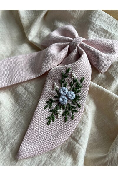 Mas Vintage Stil El Nakışı Çiçekli Gardenya Fiyonk Toka - Pudra Pembe