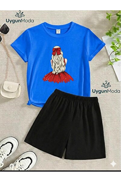 UygunModa Yellow Hair Girl Printed T-Shirt Shorts Summer Children's Set