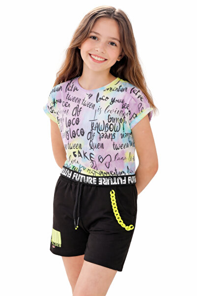 İrem Çocuk Giyim Girl's Future Written Crop Model T-Shirt with Chain Detail a...