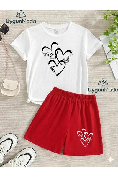 UygunModa Written 3 Heart Printed T-Shirt Shorts Summer Children's Set