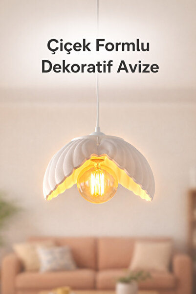 Sellor Çiçek Formlu Dekoratif Avize 3D PLA Modern Sarkıt Aydınlatma Beyaz 24x...