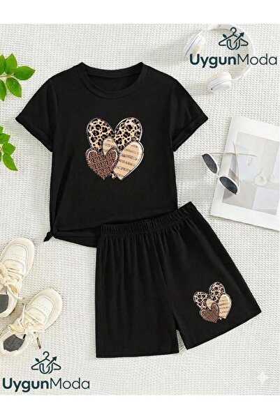 UygunModa 3 LEOPARLI KALP BASKILI T-SHİRT ŞORT YAZLIK ALT-ÜST ÇOCUK TAKIMI