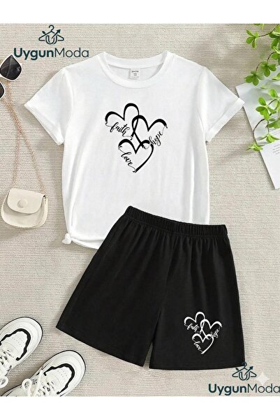 UygunModa Written 3 Heart Printed T-Shirt Shorts Summer Children's Set