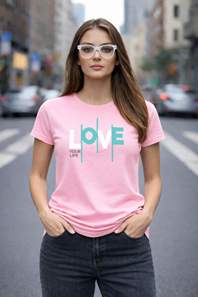 VODEXA Γυναικείο μπλουζάκι oversize ALOVE με στάμπα, 100% βαμβακερό, άνετη εφ...