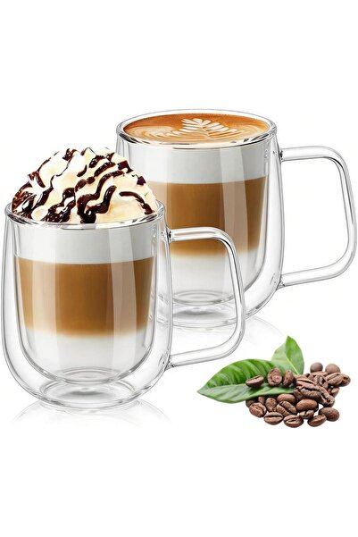 3B Trend 2 Pieces Double Walled Glass Mug Cup Water Soft Drink Tea with Handl...