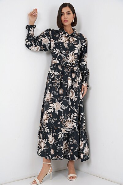 Hiccup Bdart Belted Ethnic Patterned Maxi Shirt Dress