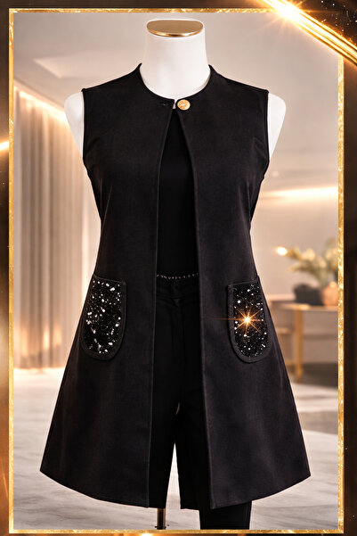 HESNA Women's Naz Chenille Pocket Combination Quality Black Vest