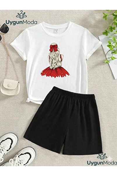 UygunModa Yellow Hair Girl Printed T-Shirt Shorts Summer Children's Set