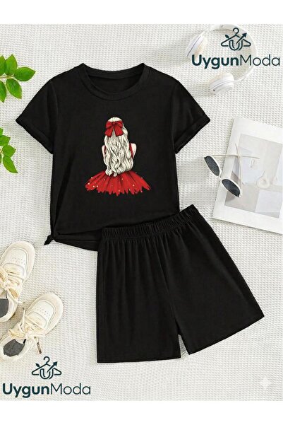 UygunModa Yellow Hair Girl Printed T-Shirt Shorts Summer Children's Set