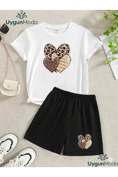 UygunModa 3 MAJICE SA LEOPARD SRCE I KRATKE HLAČE LETNJI DEČJI SET