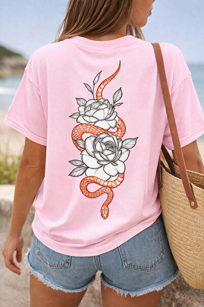 ArtYus Μπλουζάκι Unisex Oversize με στάμπα φιδιού και λουλουδιών στην πλάτη –...