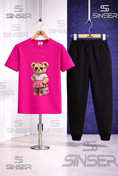 SS SİNSER Children's Bear Pink Skirt Canta Printed T-Shirt Tracksuit Set