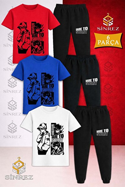 SİNREZ Children's Dare to Start Black Printed 3-Piece T-Shirt Tracksuit Set