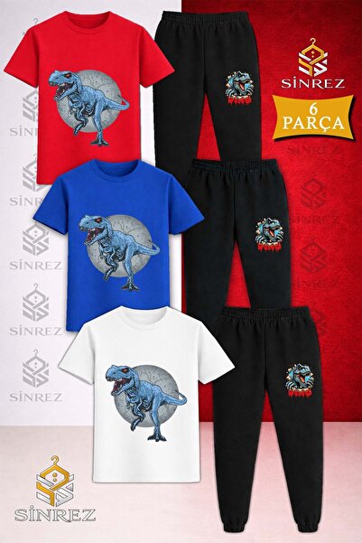 SİNREZ Set de trening cu tricou imprimat 3 piese pentru copii DINOSAUR BLUE C...