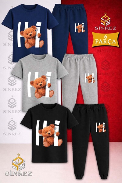 SİNREZ Set de trening pentru copii, 3 piese, cu tricou imprimat cu ursuleț de...