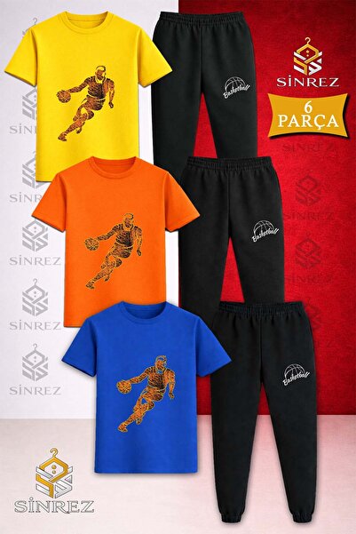 SİNREZ Children's Basketball Player Flame Printed 3-Piece T-Shirt Tracksuit Set