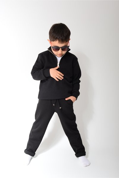 KİDSPİTİRCİK Half Zippered Black Regular Fit Comfortable Fit Standing Collar Sweatshirt + Badi̇ + Jagger Set 100% Cotton