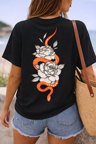 ArtYus Μπλουζάκι Unisex Oversize με στάμπα φιδιού και λουλουδιών στην πλάτη –...