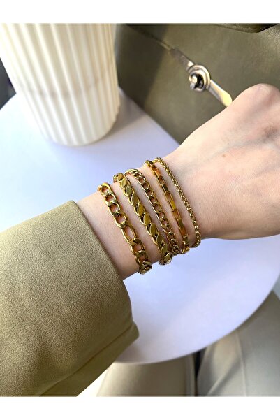 MARCİELO Accessories Çelik Gold Kombin Bileklik - Alora Grace, Kutu Zincir, N...