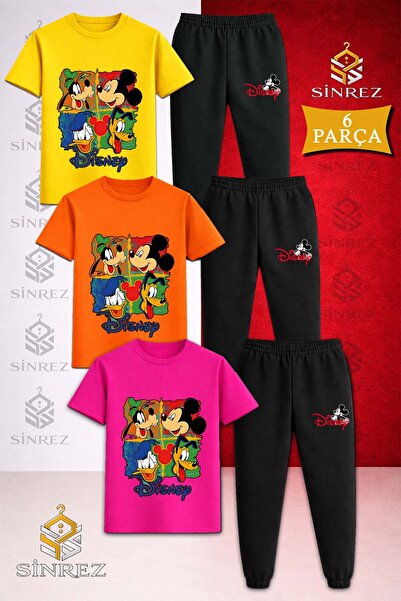 SİNREZ Children's Disny Characters Square Printed 3-Piece T-Shirt Tracksuit Set