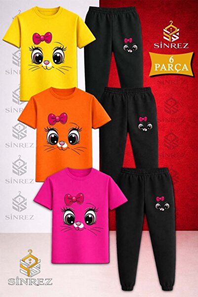 SİNREZ Set de trening pentru copii, 3 piese, cu imprimeu CAT EYE PINK RIBBON