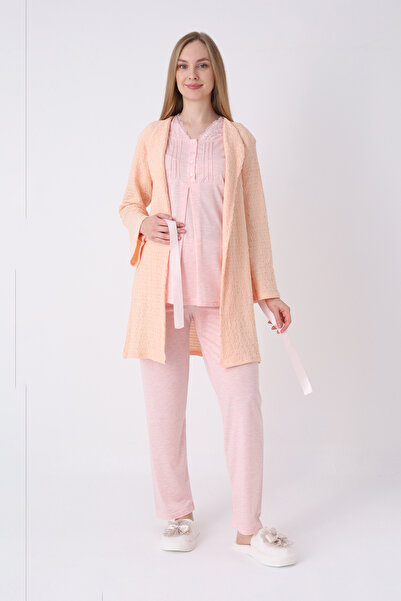 ERDENİZ TEKSTİL Πιτζάμες εγκυμοσύνης, ρόμπα, σετ 3 τεμαχίων, με δαντελένιο γι...