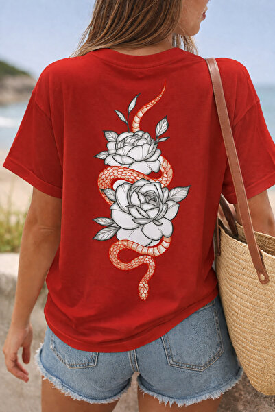 ArtYus Μπλουζάκι Unisex Oversize με στάμπα φιδιού και λουλουδιών στην πλάτη –...