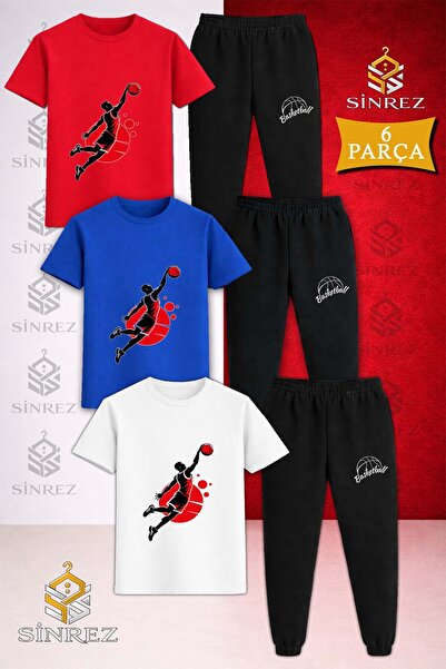 SİNREZ Children's Basketball Player Black Red Printed 3-Piece T-Shirt Tracksu...