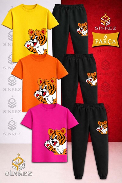 SİNREZ Children's Kaplan Yandan 3-Piece T-Shirt Tracksuit Set