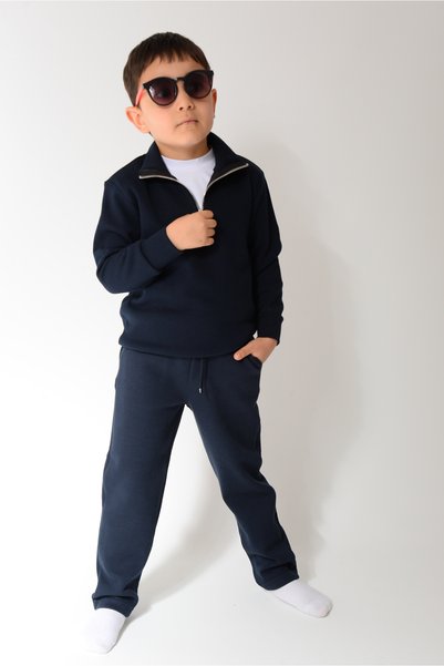 KİDSPİTİRCİK Half Zippered 100% Cotton Navy Blue Regular Fit Comfortable Sweat + Bathrobe + Jagger Suit