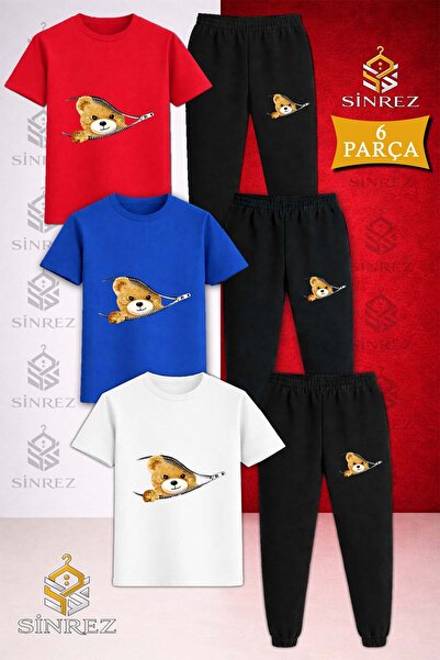 SİNREZ Children's Half Zippered Bear Printed 3-Piece T-Shirt Tracksuit Set