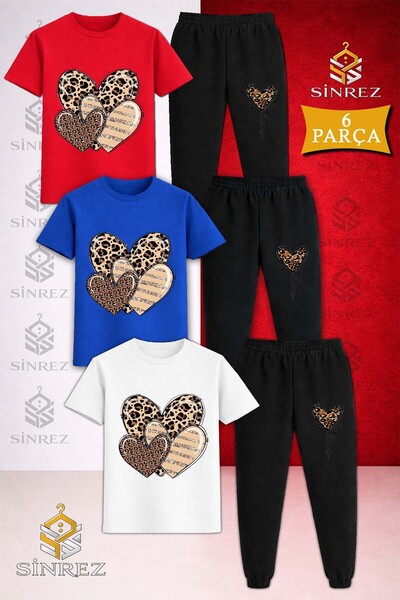 SİNREZ Çocuk KALPLER LEOPAR DESENLI Baskılı 3Lü Tişort Eşofman Takımı