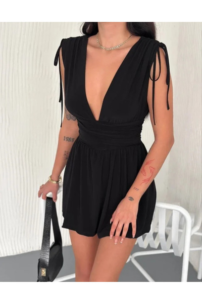 Wear Up Φόρεμα με βαθύ V λαιμόκοψη και σορτς, ντραπέ μίνι καλοκαιρινό - Μαύρο