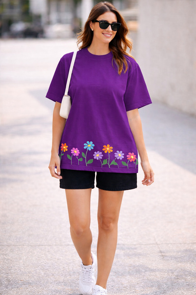 ArtYus Μπλουζάκι Unisex Oversize με σχέδιο λουλουδιών σε σειρά και στάμπα στο...